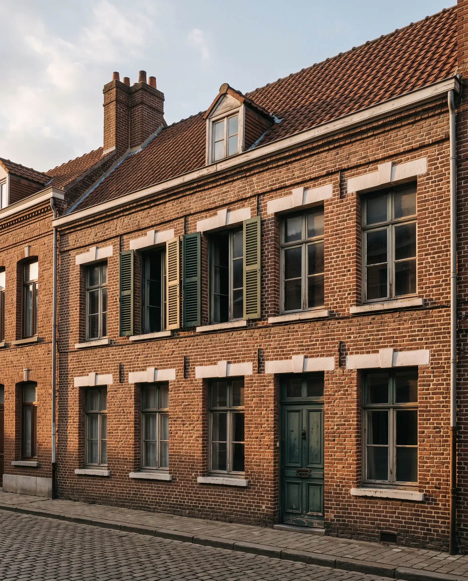 Immeuble de rapport en brique dans une rue de Lille, lumière de fin de journée