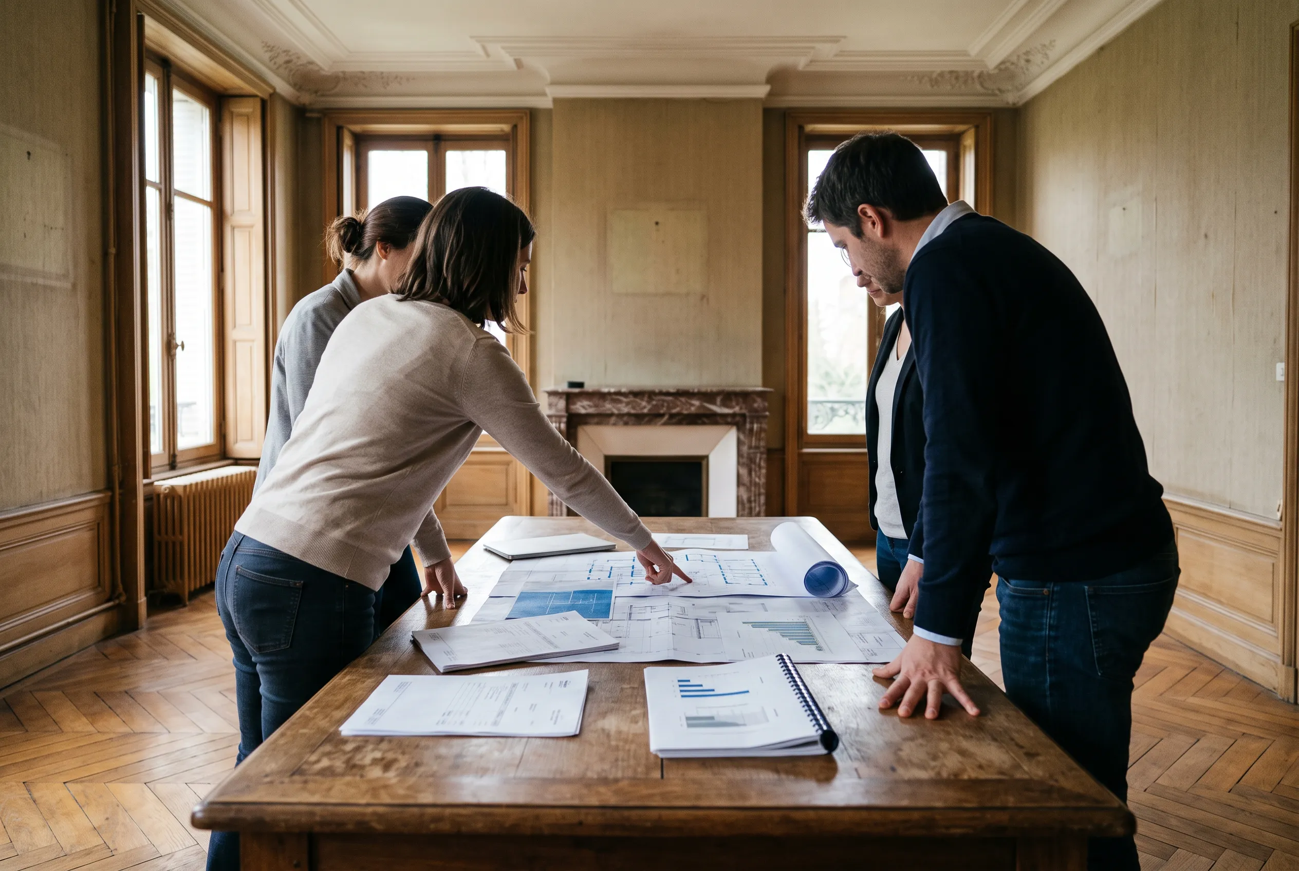 Trois personnes de dos autour d'une table couverte de plans, devis et graphiques dans le salon d'une maison bourgeoise dans son jus, l'une d'elles explique