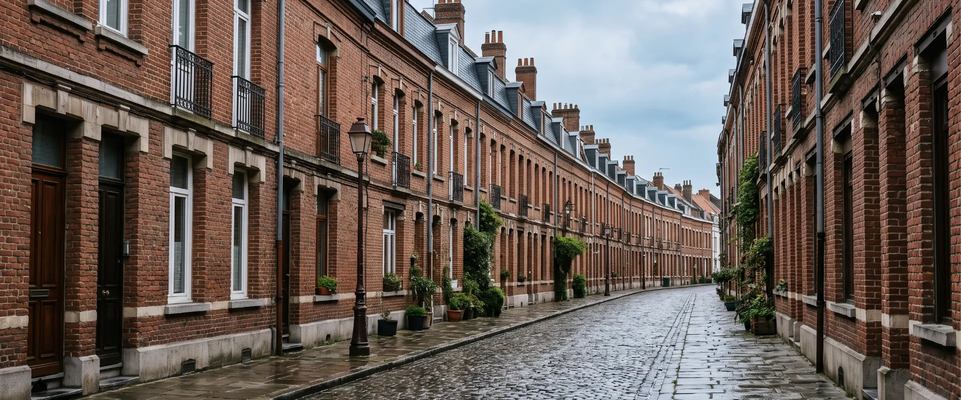 Rue de maisons de ville en brique rouge à Lille, bâti ancien du secteur 1
