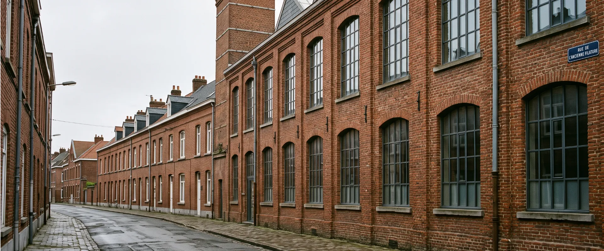 Ancienne usine textile et maisons ouvrières en brique à Tourcoing, secteur du Ferrain