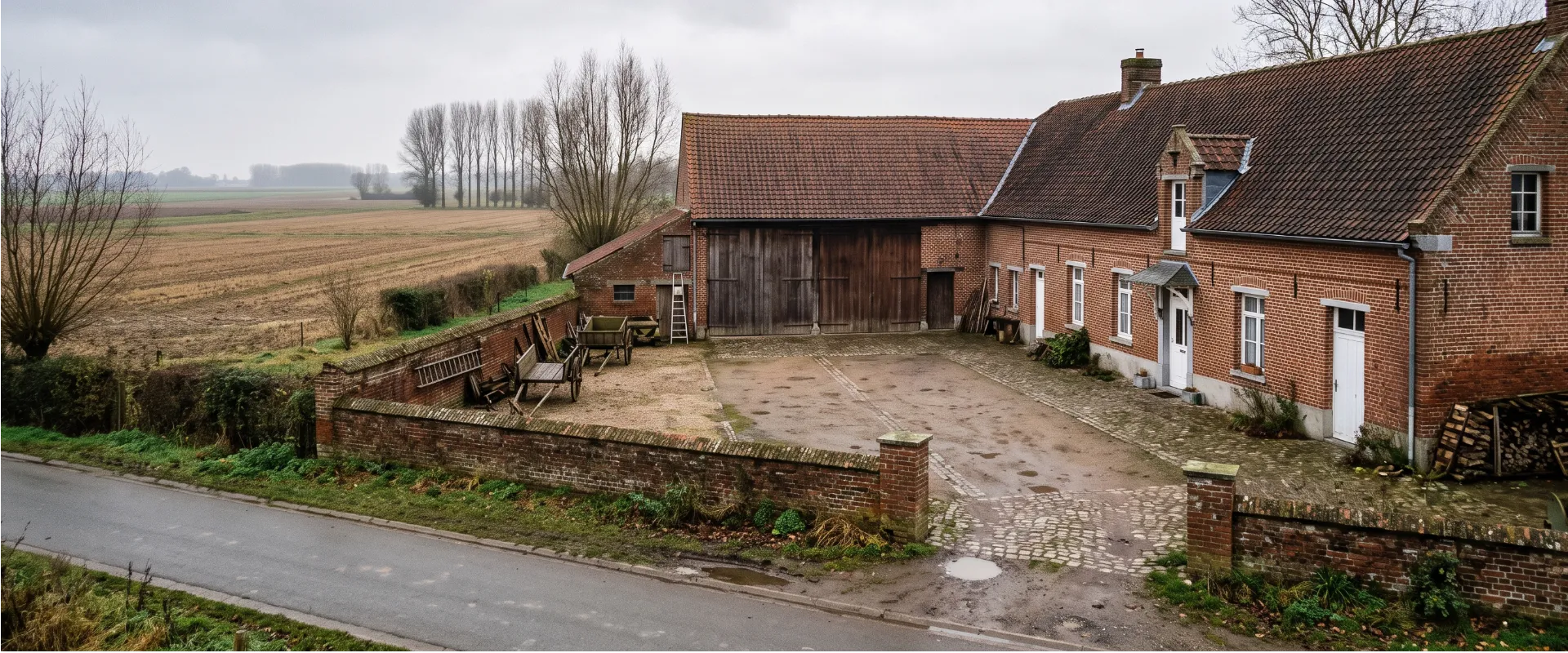 Corps de ferme en brique et cour fermée dans les Weppes, près de Lille