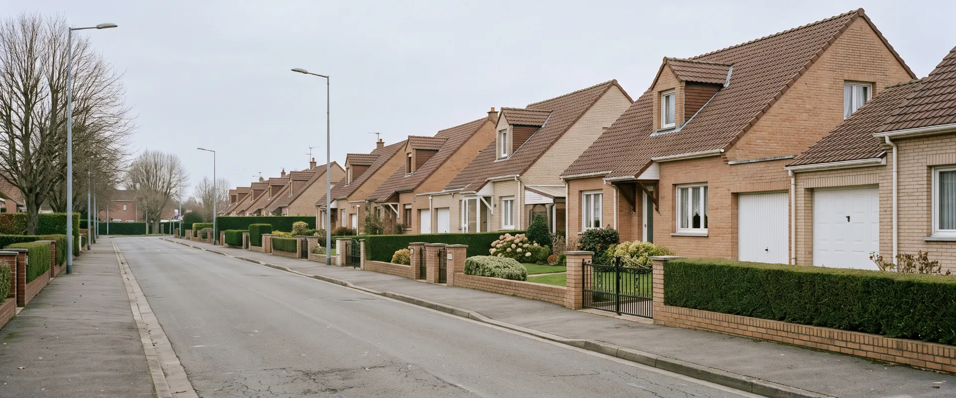 Rue pavillonnaire des années 1980 dans la couronne sud de Lille