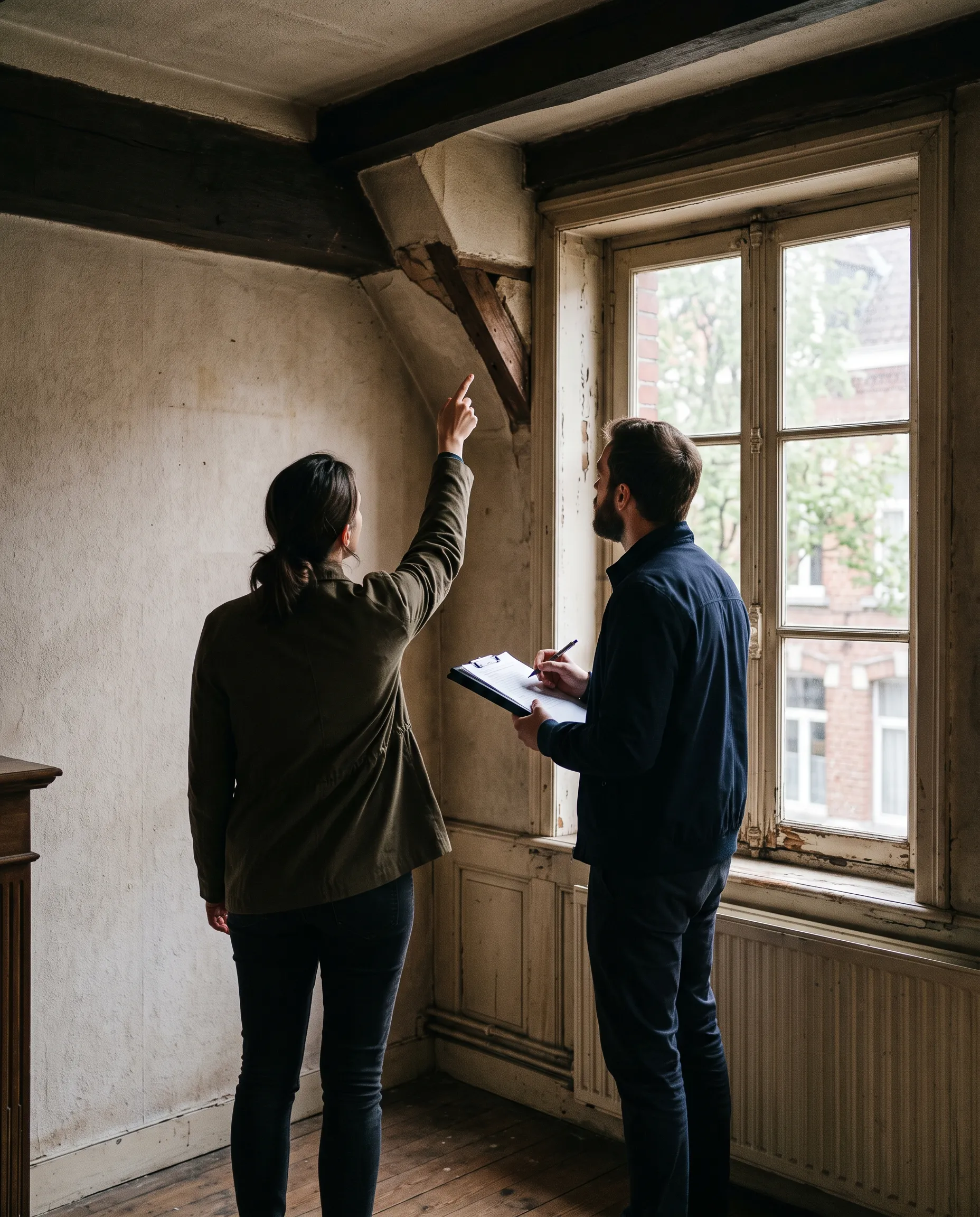 Visite technique d'une maison ancienne à Lille, un professionnel montre un détail de structure, l'autre prend note pour le chiffrage des travaux
